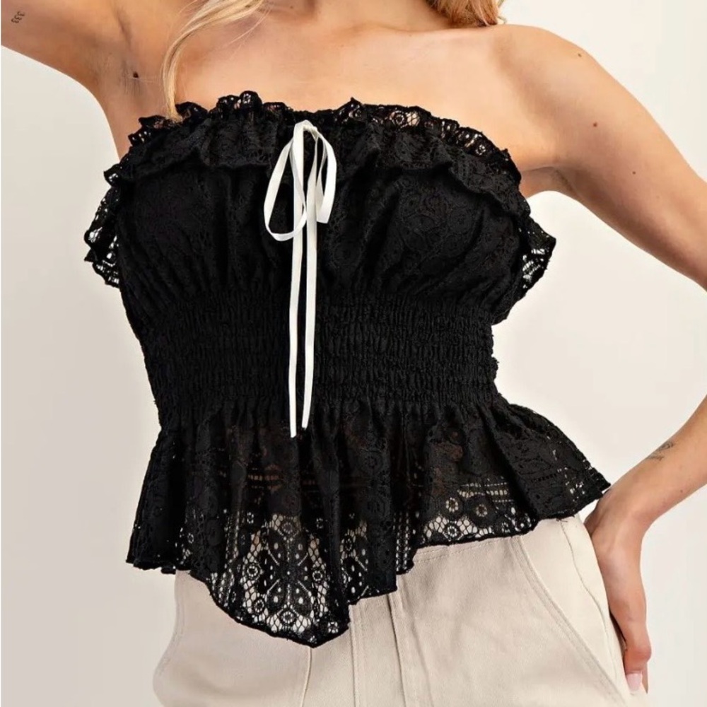 Eesome Black Strapless Ruffle Top
